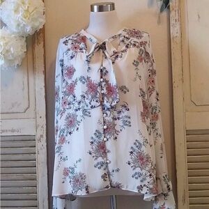 Halogen Cream Floral Long Sleeve Blouse with Neckline Bow Detail